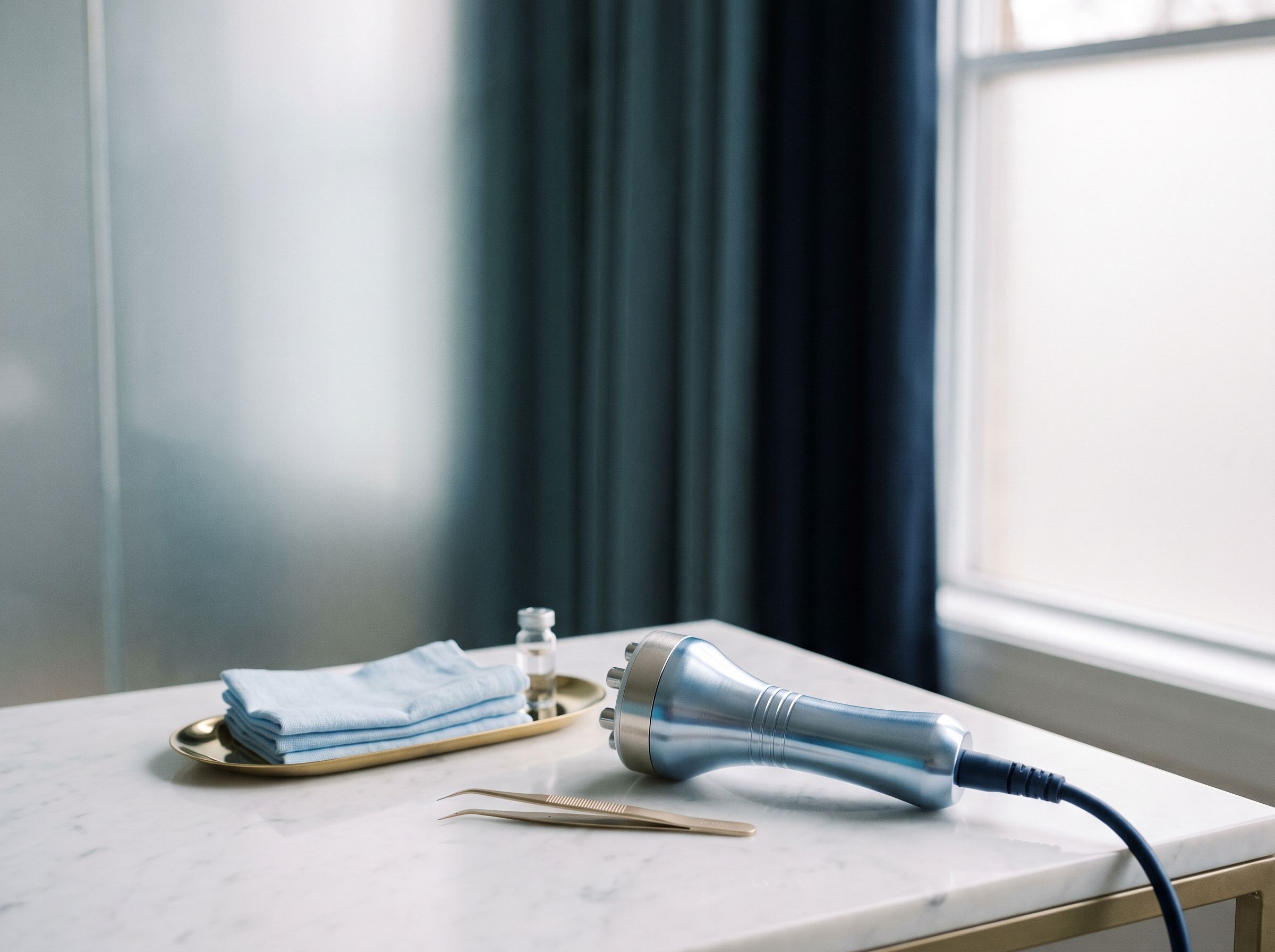 Radiofrequency body contouring handpiece and lash tools arranged on a marble surface