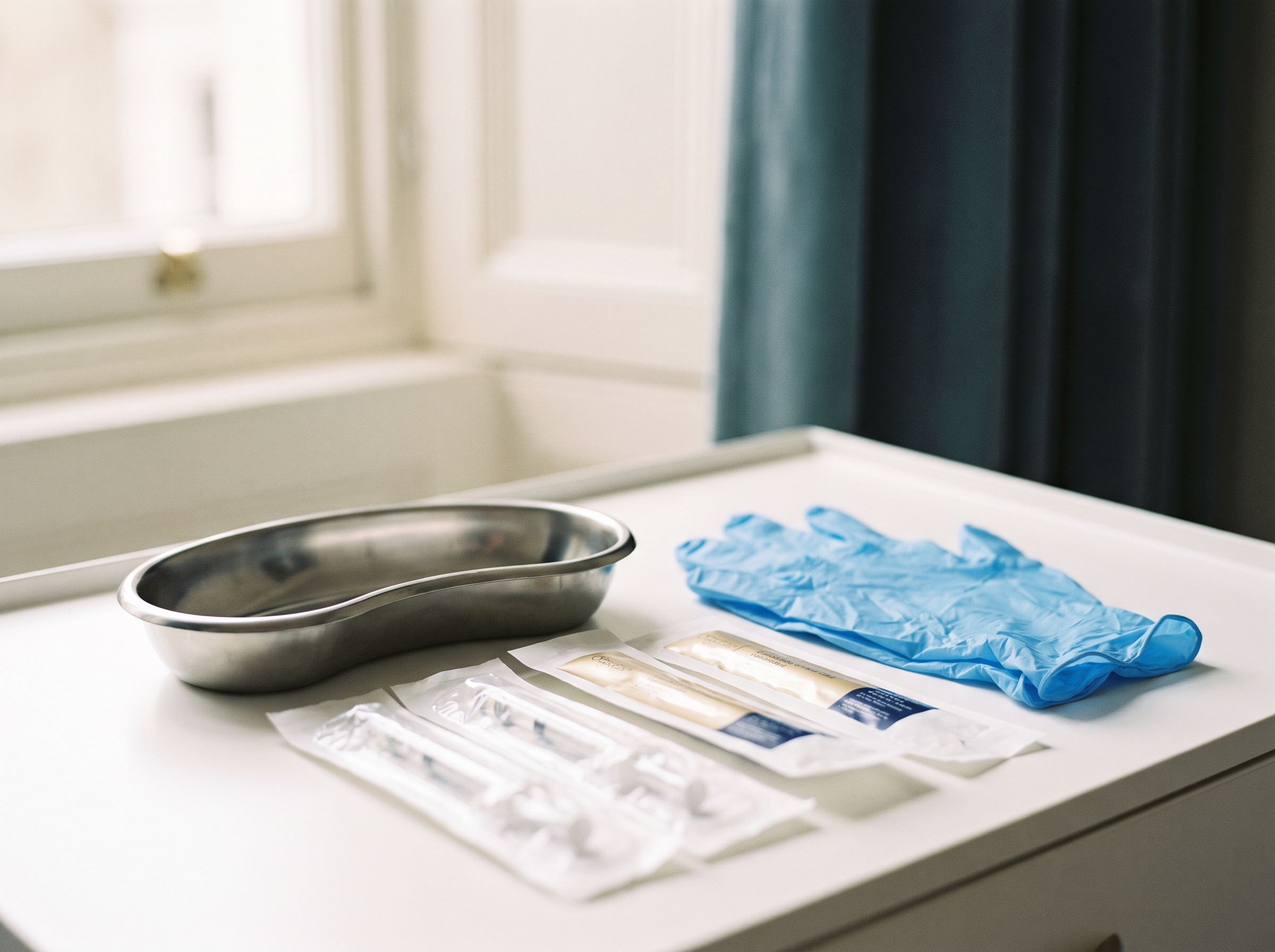 Physician's tray with sealed syringes and sterile gloves in a clinical room