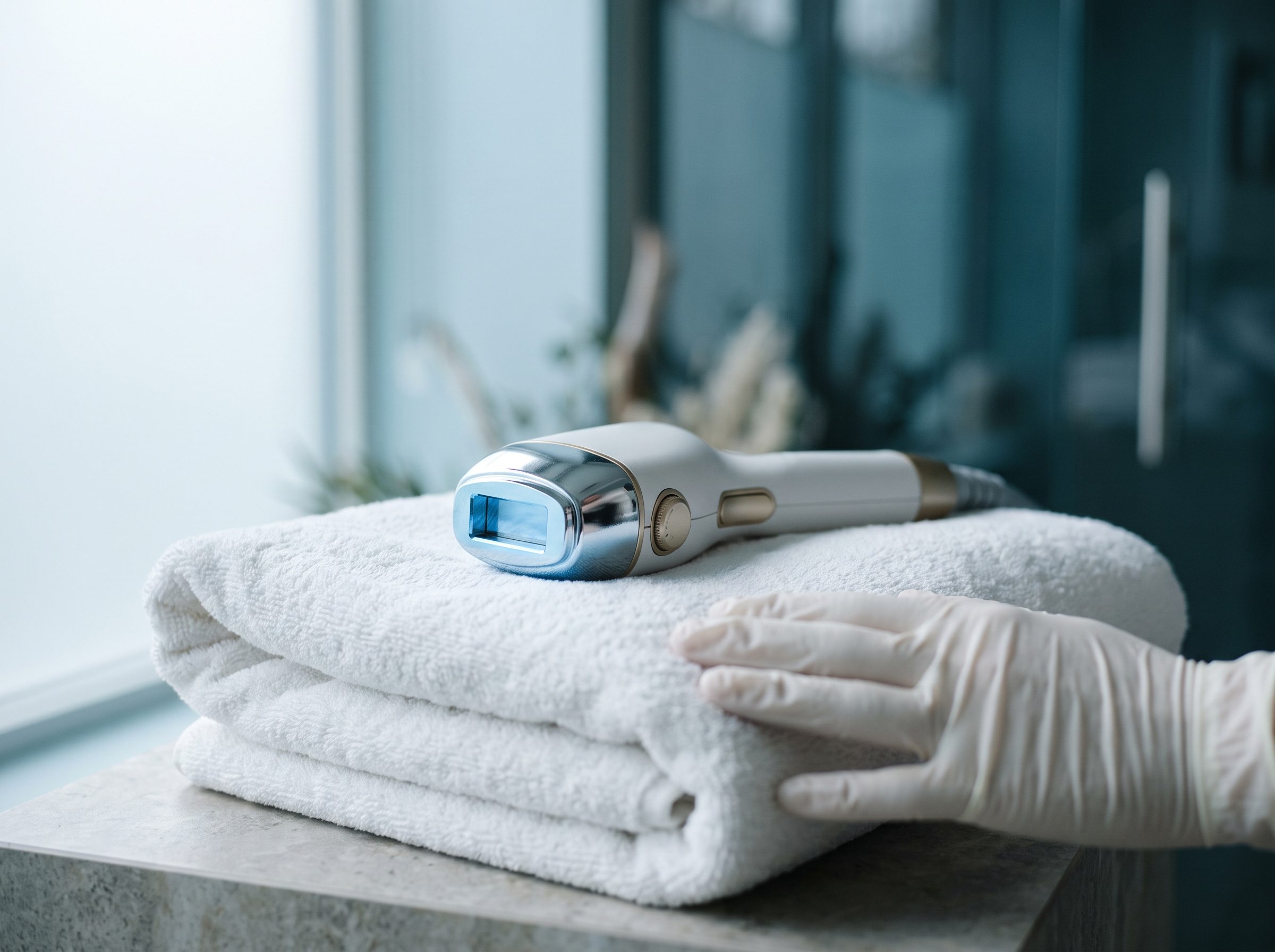 Laser hair removal handpiece with sapphire cooling tip resting on a treatment tray