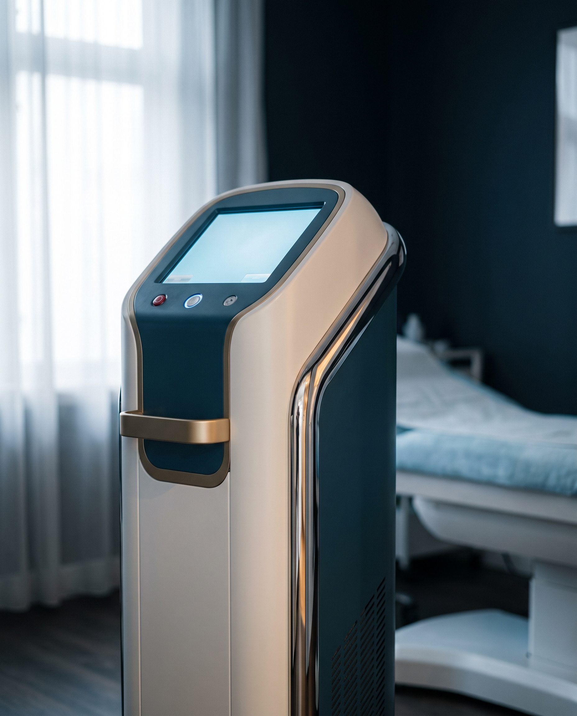 Nd:YAG laser console with its display lit in the treatment room
