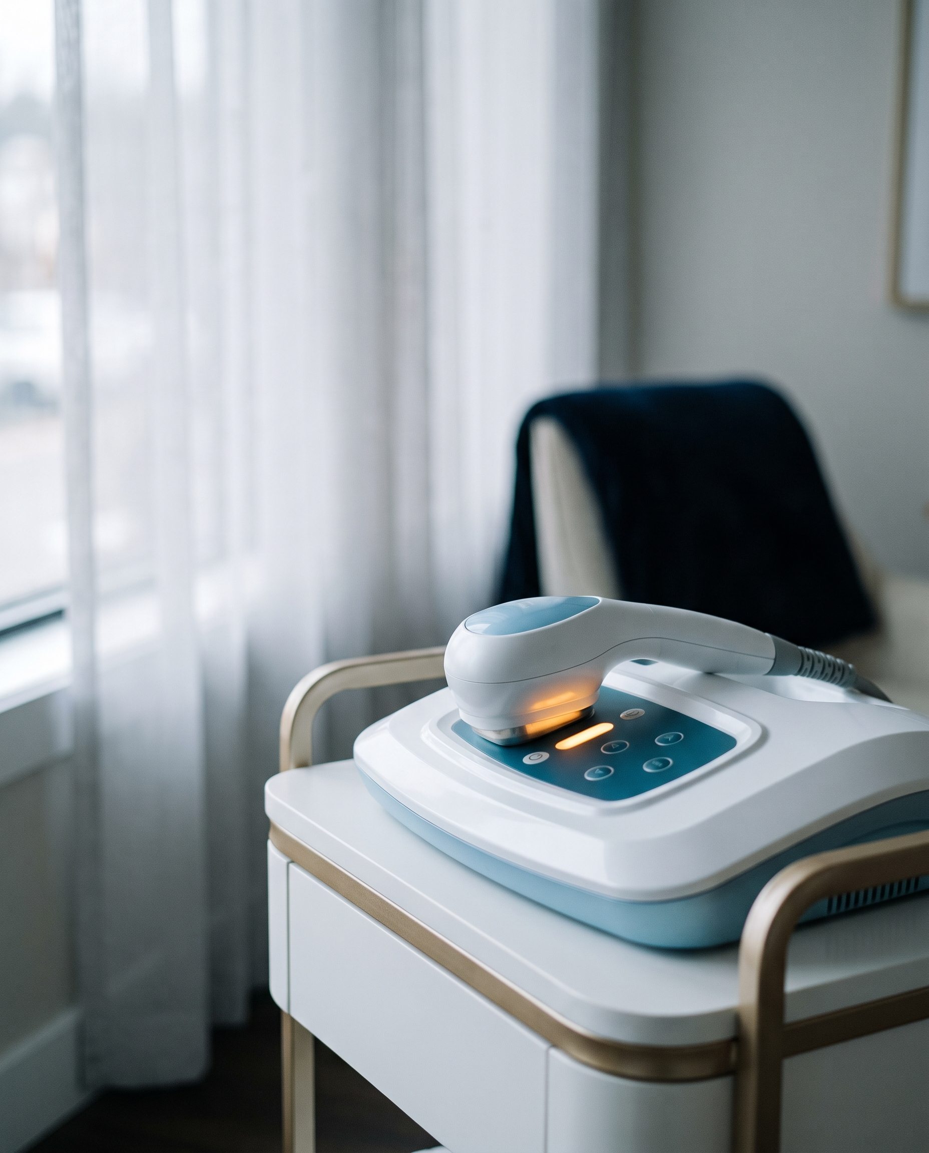 Radiofrequency handpiece resting beside its console